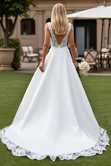 Court Train Satin A Line V-Neck Ivory Wedding Dress with Lace Appliques